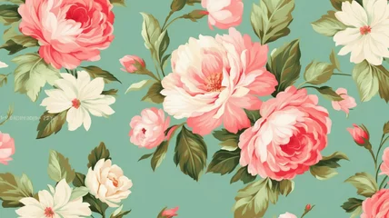 Türaufkleber classic wallpaper seamless vintage flower pattern on green pastel background generative ai © JKLoma