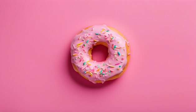 Strawberry donut with sprinkles isolated with pink theme background.