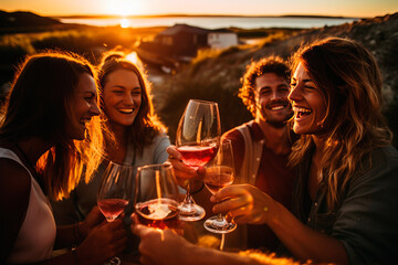 Group of smiling friends toasting with glasses of wine in the evening light