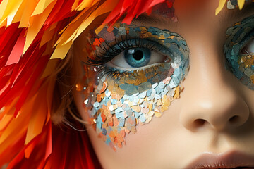 Captivating close-up of woman's eyes with psychedelic, multicolored glitter and scale mask.
