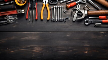 Fototapeta premium Set of mechanic tools, wrenches and screwdrivers, pliers and other tools on black wooden table