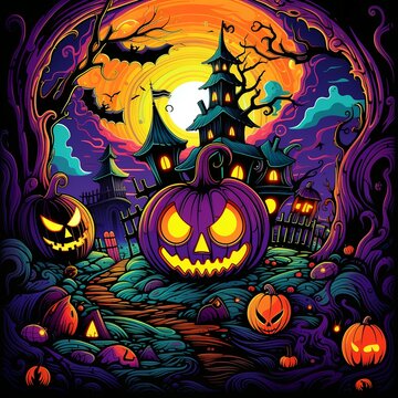 Cartoon Halloween spooky house. Illustrations of a Spooky House for Halloween. Colorful illustration of an old creepy haunted house. Fairytale and fantasy design. AI Generated.