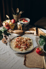 Autumn holiday apple pie in rustic style, homemade baked goods in dark colors