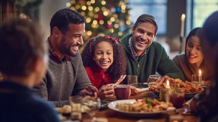 Foto op Canvas a family gathered around a beautifully decorated table, filled with delicious holiday generative ai © JKLoma