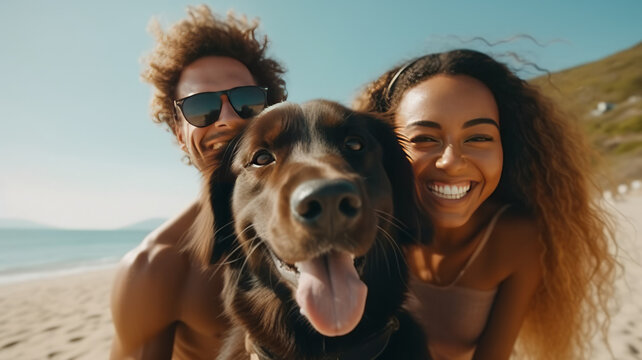 Portrait, happy and smile with a man, woman and pet golden retriever outdoor.