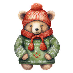 Watercolor Christmas cute bear clipart
