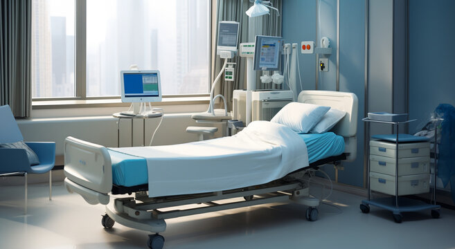 Modern hospital bright room for patient with bed and equipment