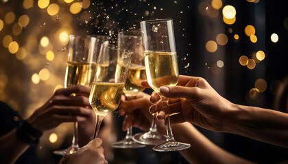 Hands holding glasses with champagne, christmas and new year concept