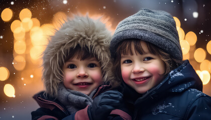 Two children in winter clothes, christmas and new year concept