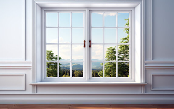 Fototapeta White big window with a forest view