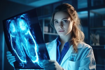 Russian female doctor holds a blue bone scan sheet