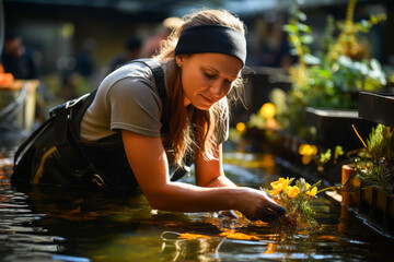 Serene female aquaculture farmer caring for aquatic plants, standing in water. - obrazy, fototapety, plakaty