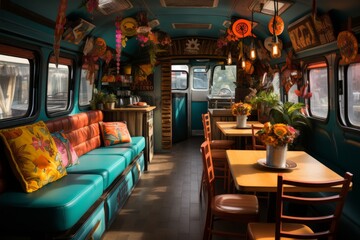 Food truck's vibrant and eclectic decor that reflects its unique culinary style, Generative AI