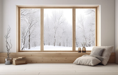 Luxurious villa living room with a snowy scene in the background - Powered by Adobe