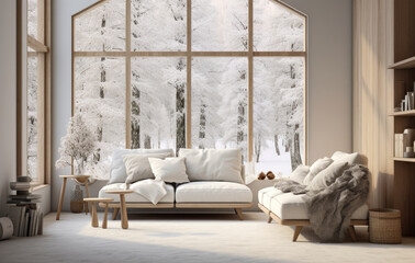 Luxurious villa living room with a snowy scene in the background