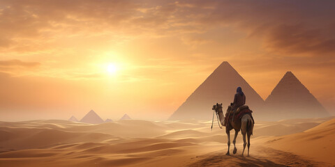 Fototapeta na wymiar full length,Nomad on camel near pyramids in egyptian desert