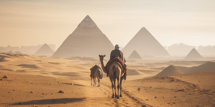 full length,Nomad on camel near pyramids in egyptian desert
