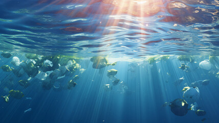 Fototapeta na wymiar Sunlight pierces the ocean's surface, revealing drifting plastic bags amidst marine life, a poignant depiction of pollution's grip on natural habitats