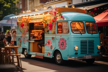  Vintage-style food truck with colorful signage and a bustling crowd, Generative AI