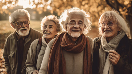 Group of happy elderly people bonding outdoors at the park ,