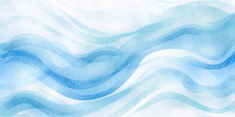 Abstract water wave watercolor background. Blue, white wavy lines texture. Wavy winter snow illustration. Navy minimalist ocean wave art.  Web, mobile graphic resource backdrop for copy space text  - obrazy, fototapety, plakaty