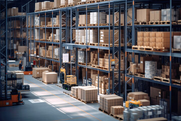 Storage of boxes inside a semi automated industrial warehouse, stock of merchandise on shelves and racks
