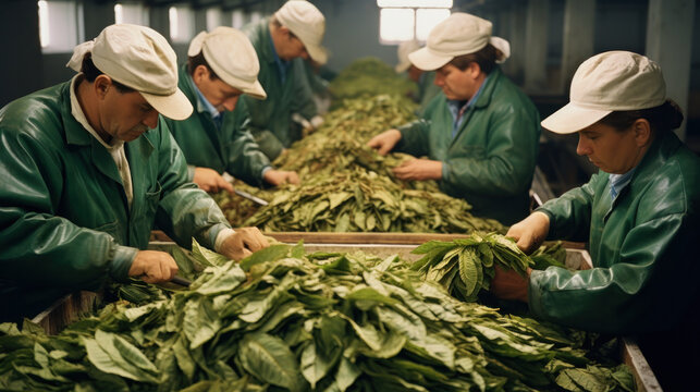 People at Cigar Factory. Sorting, quality control and drying of green tobacco leaves.