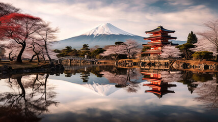 a traditional Japanese temple on the right with traditional red gate, Mont fuji on the left. - obrazy, fototapety, plakaty