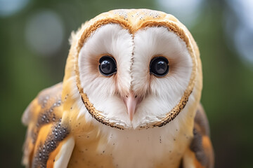 The close up detail of a majestic common barn owl, Tyto albahead, in the forest, on a black background, Generative AI.