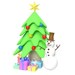 The Snowman and Christmas tree in glass ball for holiday concept 3d rendering