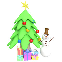 The Snowman and Christmas tree in glass ball for holiday concept 3d rendering