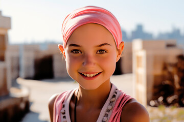 Smiling girl with headscarf because of hair loss due to chemotherapy