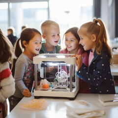 Children using a 3D printer in class. - obrazy, fototapety, plakaty