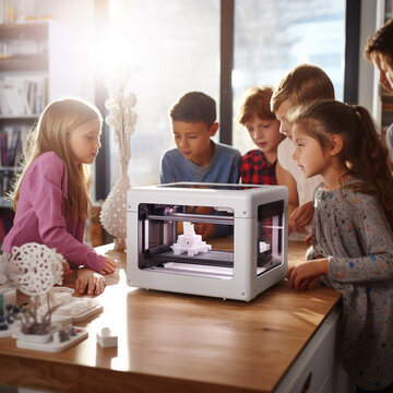 Children using a 3D printer in class.