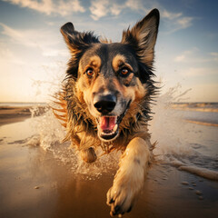 Dog running happy on the beach.