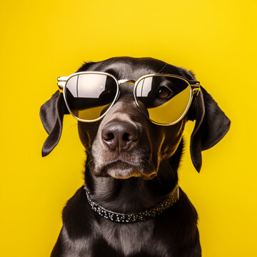 Dog with sunglasses on a yellow background.