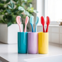 Holder with plastic toothbrushes.