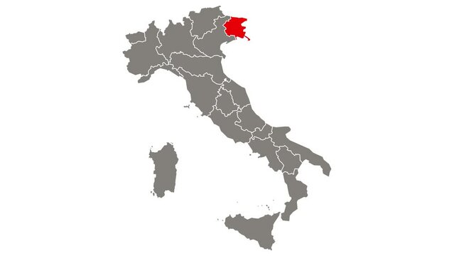 Friuli - Venezia Giulia region blinking red highlighted in map of Italy