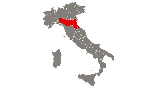 Emilia - Romagna region blinking red highlighted in map of Italy