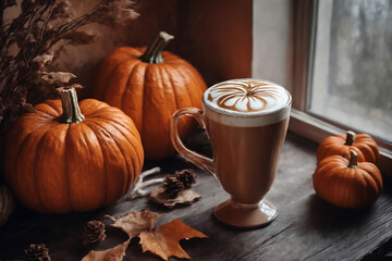 decoration for halloween holiday, still life, a cup of hot latte and pumpkins on a windowsill, beautiful autumn landscape outside the window, rural, festive background