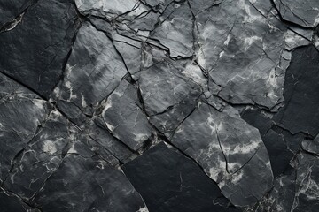 Close-up of Rough Cracked Mountain Surface: Black and White Rock Texture, Dark Gray Stone Granite Background for Design