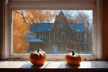 for halloween holiday, pumpkins on a windowsill and home with autumn landscape outside window, still life, festive background - obrazy, fototapety, plakaty