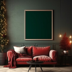 landscape empty mockup frame in warm cosy living room with romantic green and red warm tones and christmas decoration, lived in, moody warm vibe