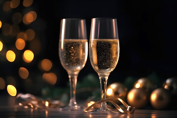 Glasses of champagne. Gift boxes and Christmas tree on background