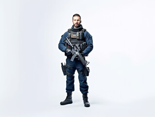 In a commercial portrait blending military and people concepts, a special forces soldier and a police officer with a mask and rifle stand confidently in a serious pose.
