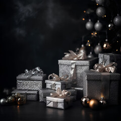 Christmas theme. Many gift boxes wrapped in silver colored paper with ribbons. Christmas tree on background.