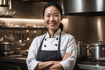 Portrait of a smiling chinese female chef with hands crossed in the kitchen.