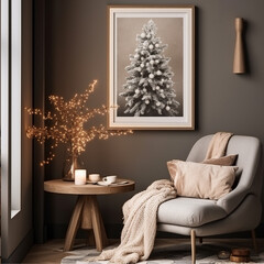 mockup frame in modern cosy living room with warm tones and christmas decoration , lived in moody warm vibe