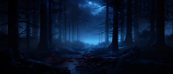 Dark Forest with Dark Blue and Neon Colors, Generative AI