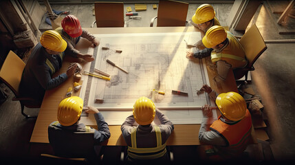 Top view of group of engineering team is meeting, planning construction work, Architects looking paper plans at construction site, overhead view,Concept for team work
